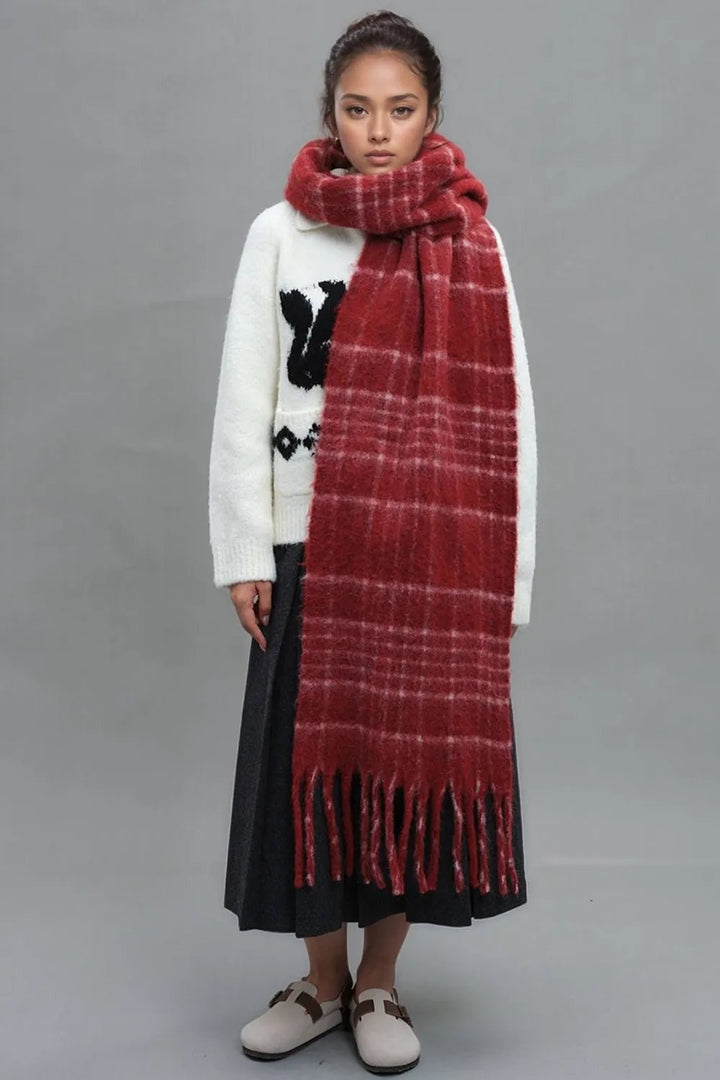 Fringe Plaid Thermal Scarf - Trendy Accessories/Scarves in Deep Red for Women | The802Gypsy