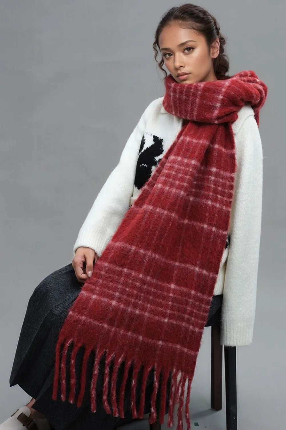 Fringe Plaid Thermal Scarf - Trendy Accessories/Scarves in Deep Red for Women | The802Gypsy