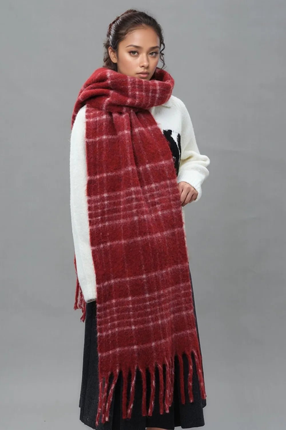 Fringe Plaid Thermal Scarf - Trendy Accessories/Scarves in Deep Red for Women | The802Gypsy