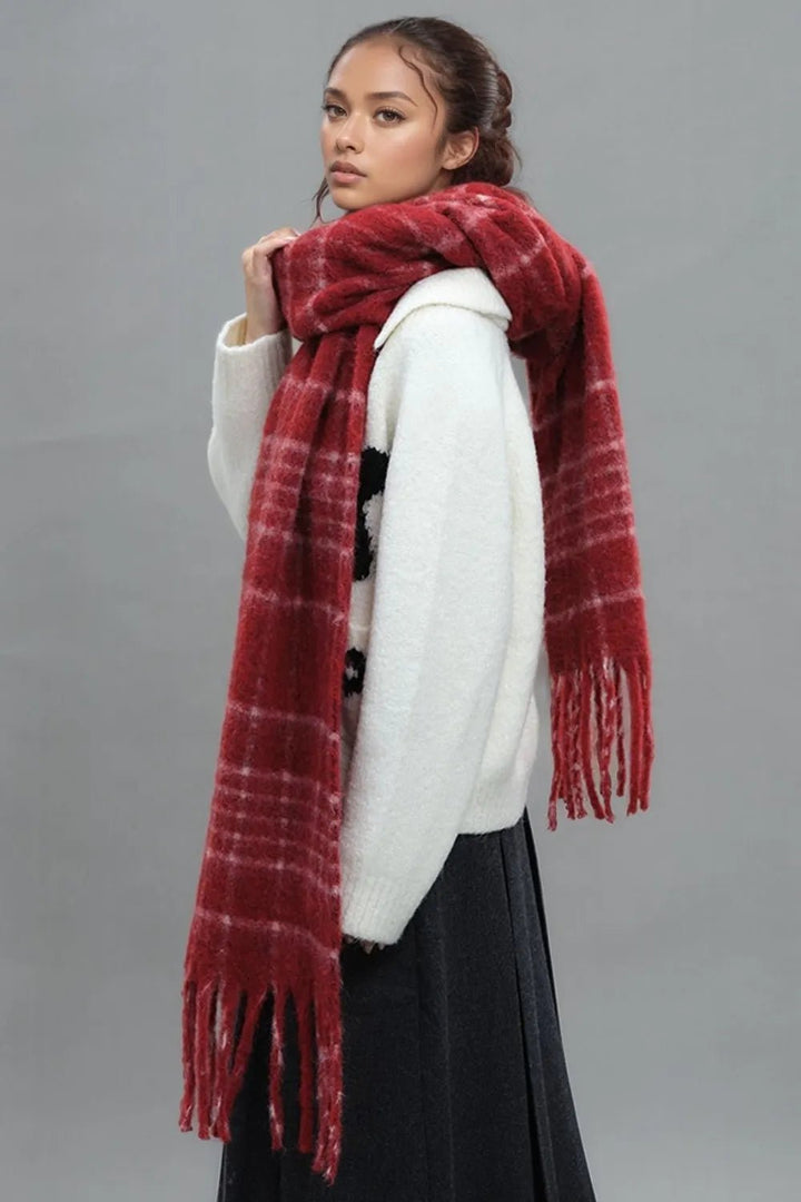 Fringe Plaid Thermal Scarf - Trendy Accessories/Scarves in Deep Red for Women | The802Gypsy