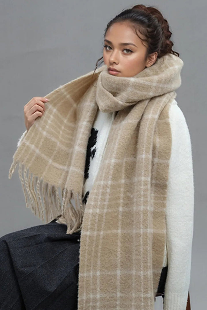 Fringe Plaid Thermal Scarf - Trendy Accessories/Scarves in Tan for Women | The802Gypsy