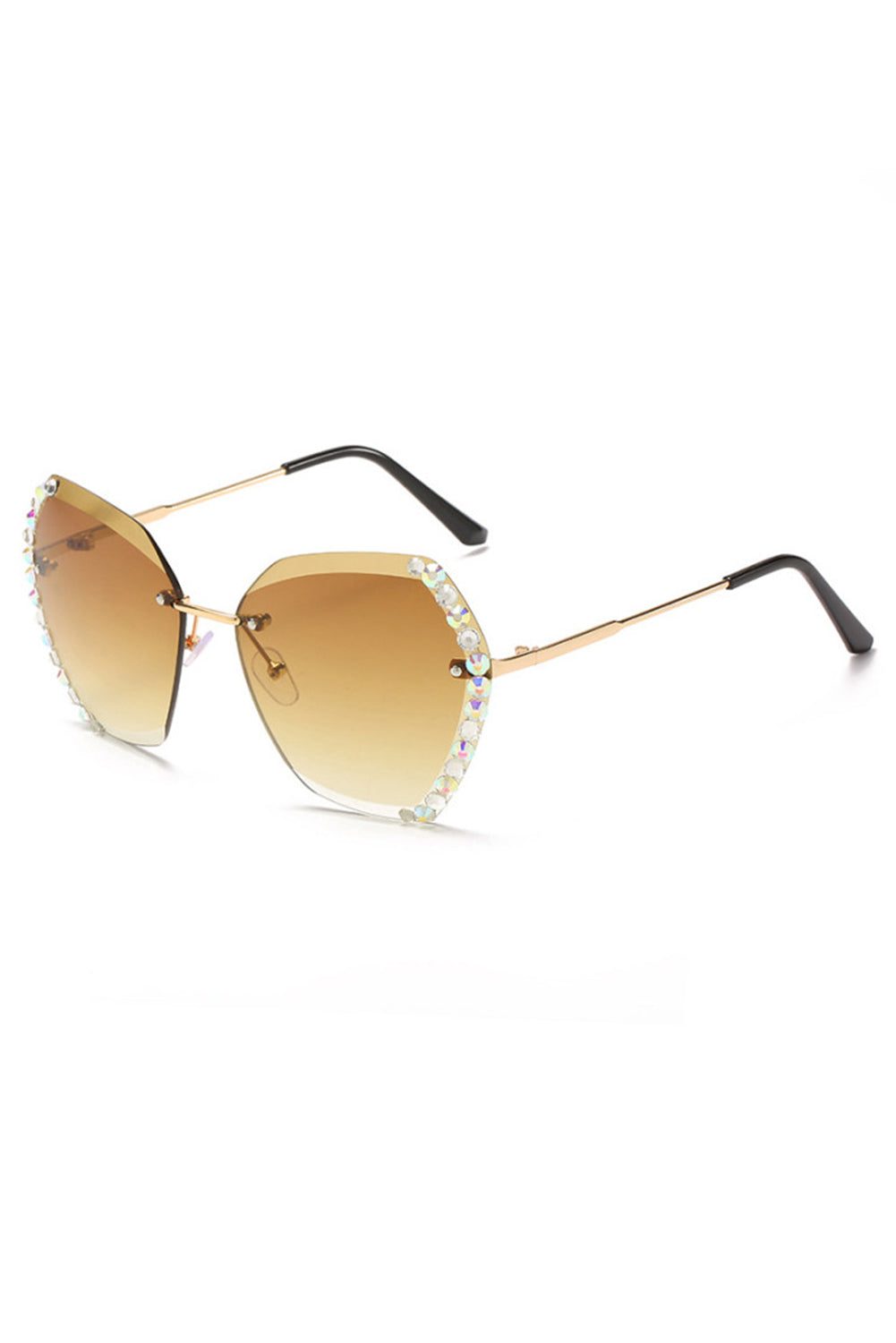 TRAVELING GYPSY-Brown Rhinestone Trim Rimless Sunglasses