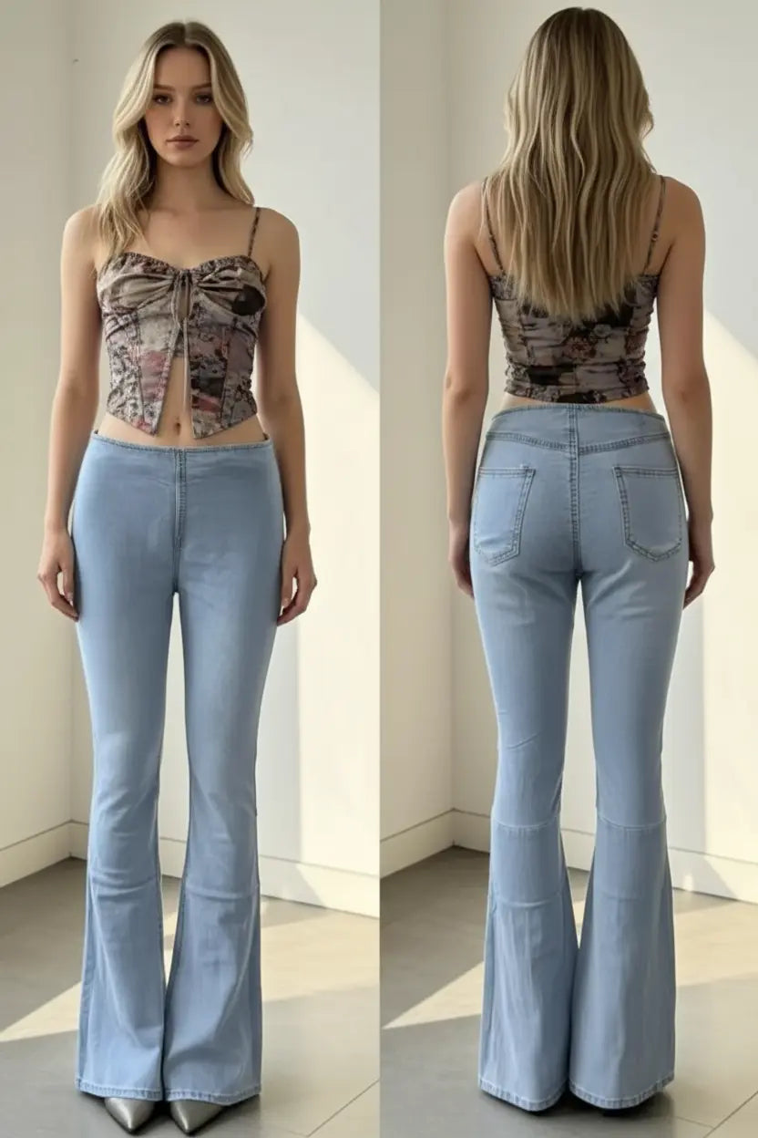 Woman wearing a patterned top and light blue flared jeans, shown from front and back.