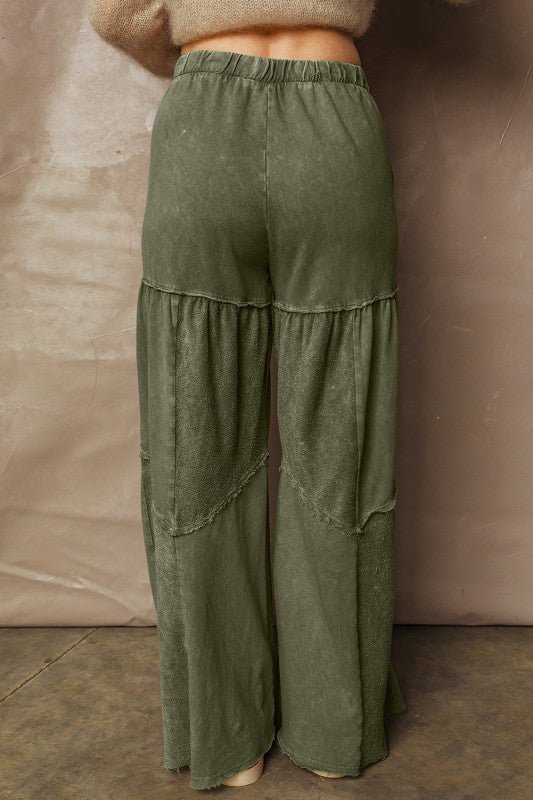 Mineral Wash Patchwork Tiered Wide Leg Pants - Trendy Bottoms in Black for Women | The802Gypsy