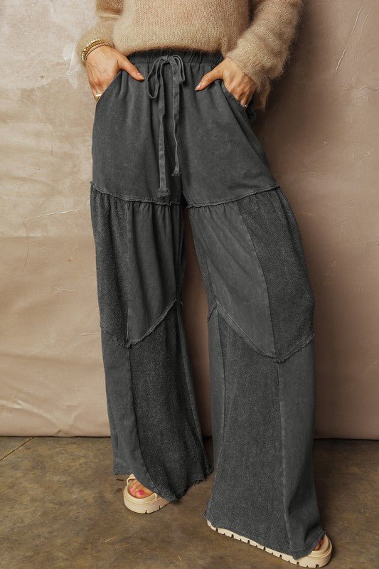 Mineral Wash Patchwork Tiered Wide Leg Pants - Trendy Bottoms in Black for Women | The802Gypsy
