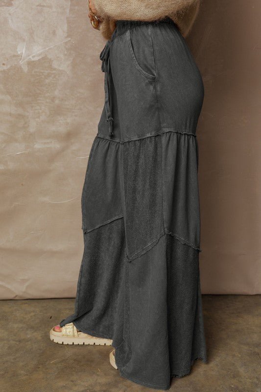 Mineral Wash Patchwork Tiered Wide Leg Pants - Trendy Bottoms in Black for Women | The802Gypsy