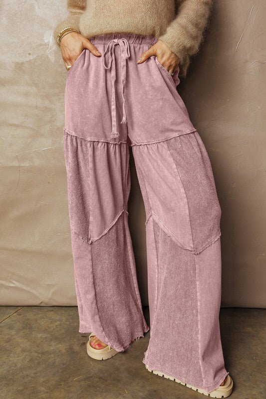 Mineral Wash Patchwork Tiered Wide Leg Pants - Trendy Bottoms in Black for Women | The802Gypsy