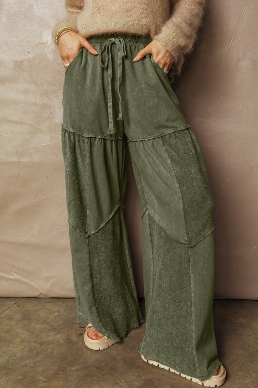 Mineral Wash Patchwork Tiered Wide Leg Pants - Trendy Bottoms in Black for Women | The802Gypsy