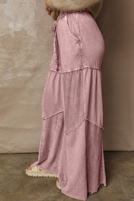 Mineral Wash Patchwork Tiered Wide Leg Pants - Trendy Bottoms in Black for Women | The802Gypsy