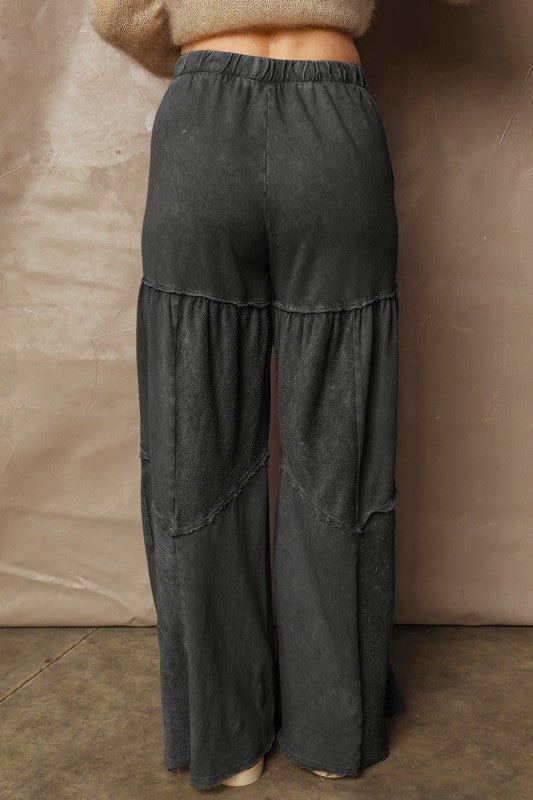 Mineral Wash Patchwork Tiered Wide Leg Pants - Trendy Bottoms in Black for Women | The802Gypsy