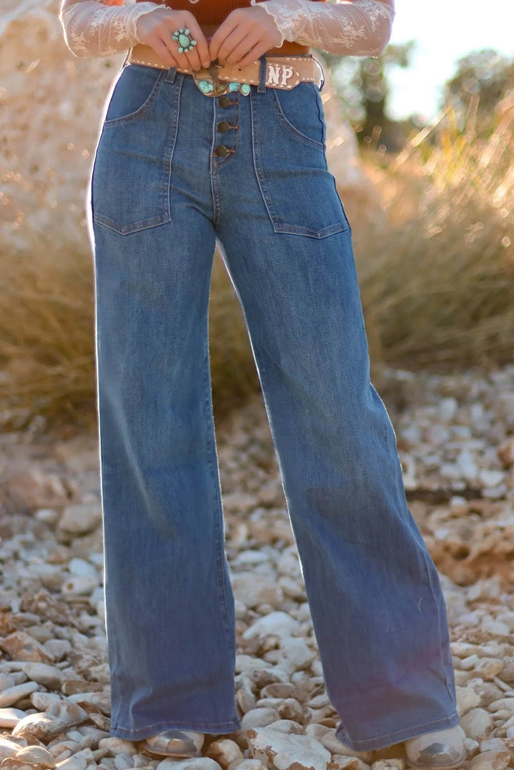 Multi Buttons High - Waist Wide - Leg Jeans - Trendy Bottoms/Jeans in Ashleigh Blue for Women | The802Gypsy