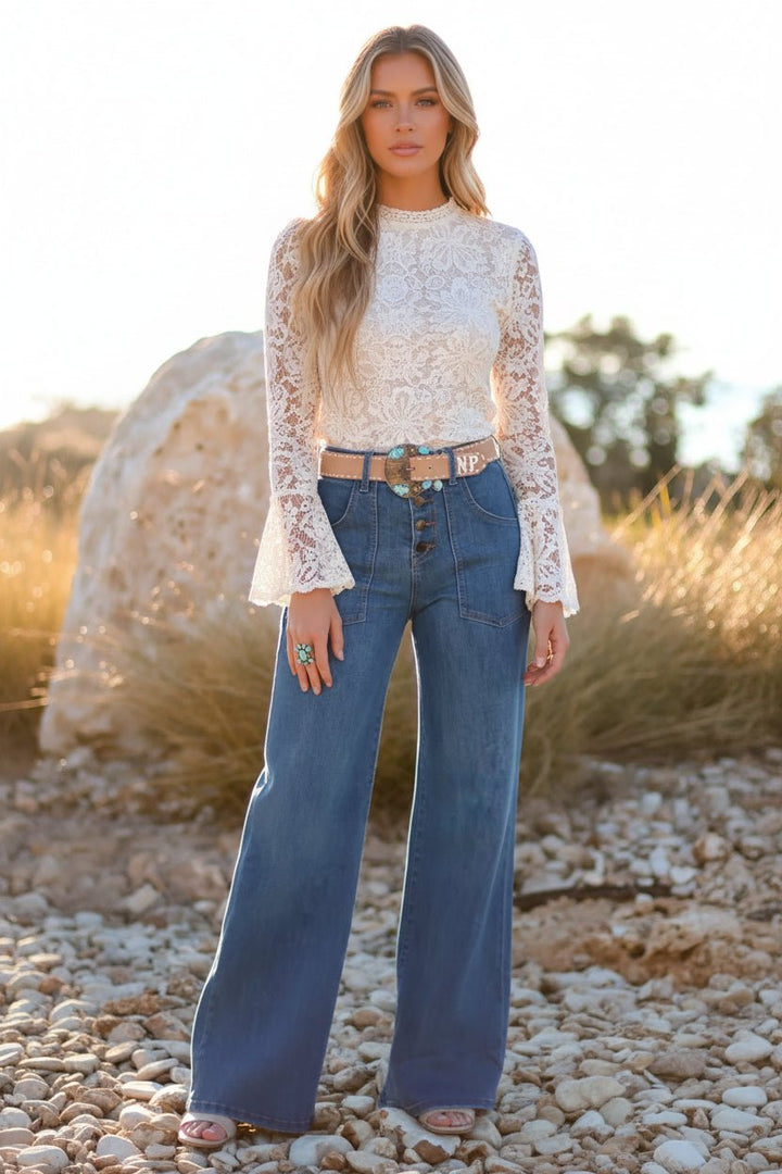 Multi Buttons High - Waist Wide - Leg Jeans - Trendy Bottoms/Jeans in Ashleigh Blue for Women | The802Gypsy