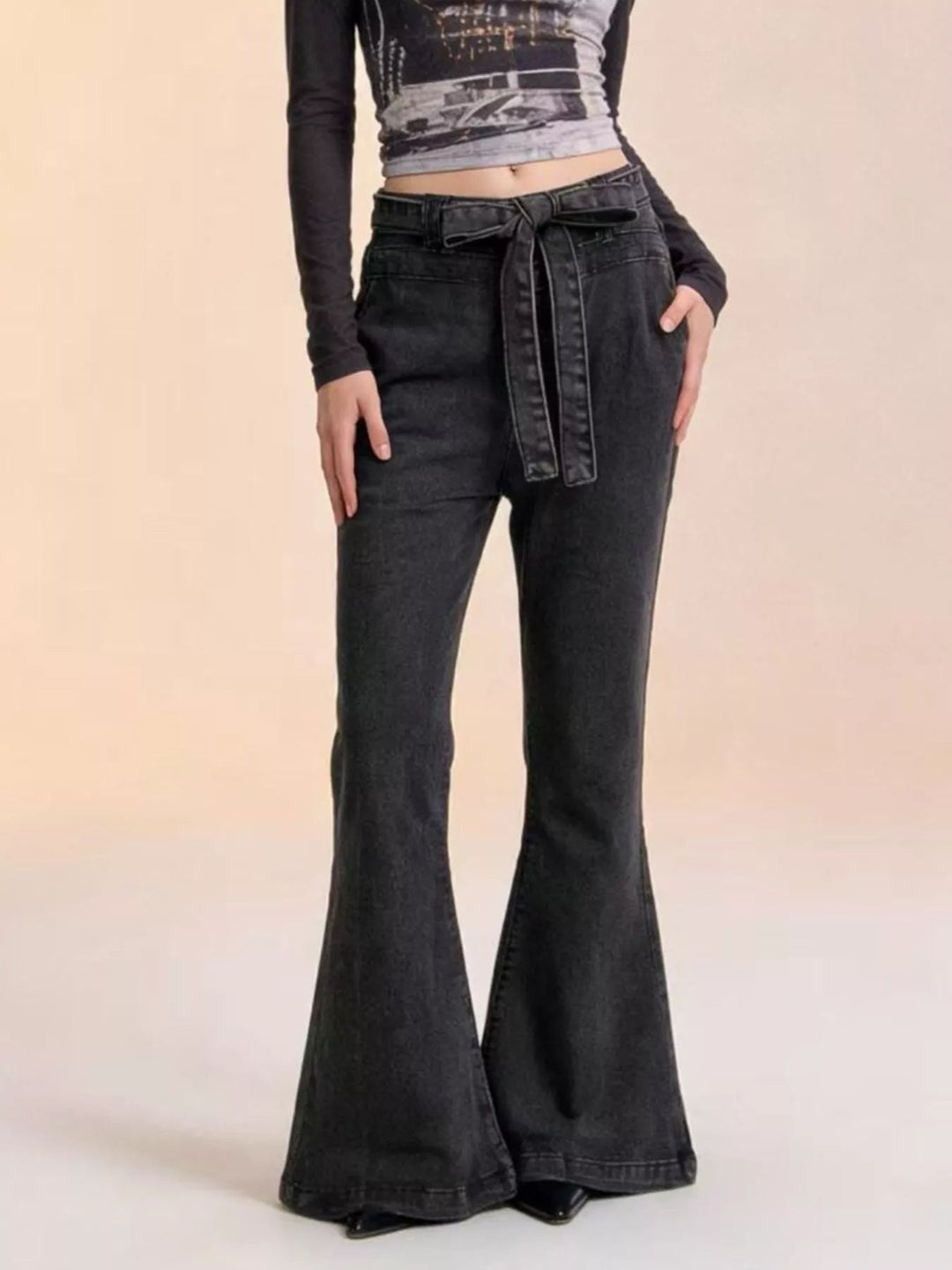 Tie Waist High - Waisted Bell - Bottom Jeans - Trendy Bottoms/Jeans in Black for Women | The802Gypsy