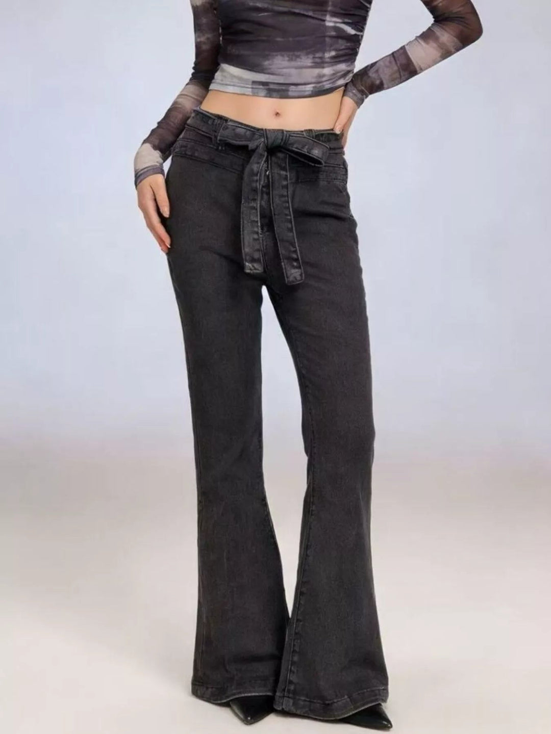 Tie Waist High - Waisted Bell - Bottom Jeans - Trendy Bottoms/Jeans in Black for Women | The802Gypsy
