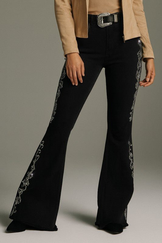 Western Rhinestone Side Detail Black Bell - Bottom Jeans - Trendy Bottoms/Jeans in BLACK - SHORT INSEAM 30" for Women | The802Gypsy
