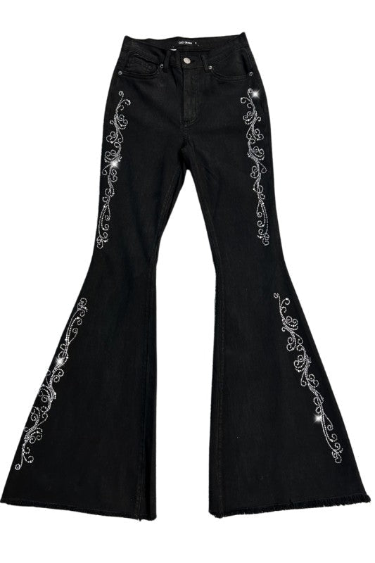 Western Rhinestone Side Detail Black Bell - Bottom Jeans - Trendy Bottoms/Jeans in BLACK - SHORT INSEAM 30" for Women | The802Gypsy