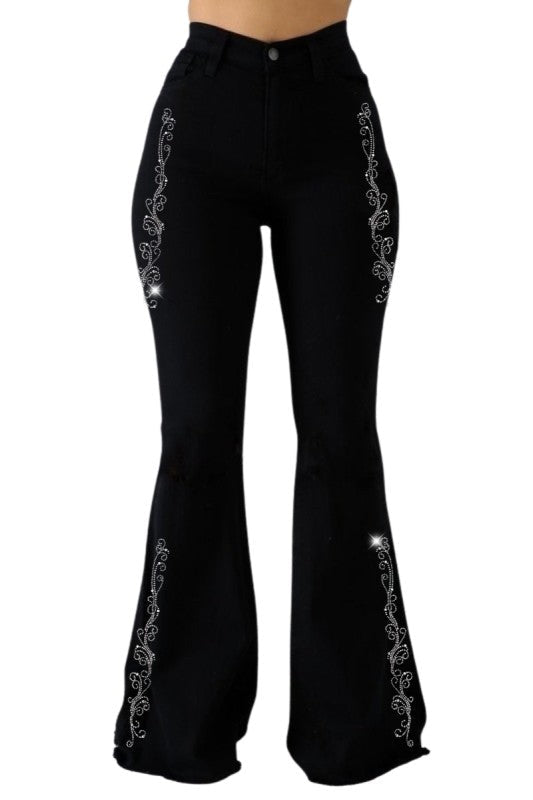Western Rhinestone Side Detail Black Bell - Bottom Jeans - Trendy Bottoms/Jeans in BLACK - SHORT INSEAM 30" for Women | The802Gypsy