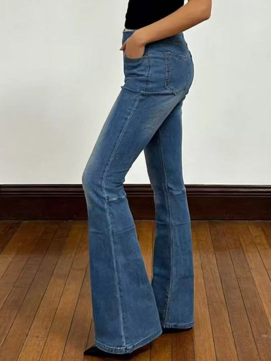 Flat Front High - Waisted Slightly Stretchy Flare Jeans - Trendy Bottoms/Jeans in Blue for Women | The802Gypsy