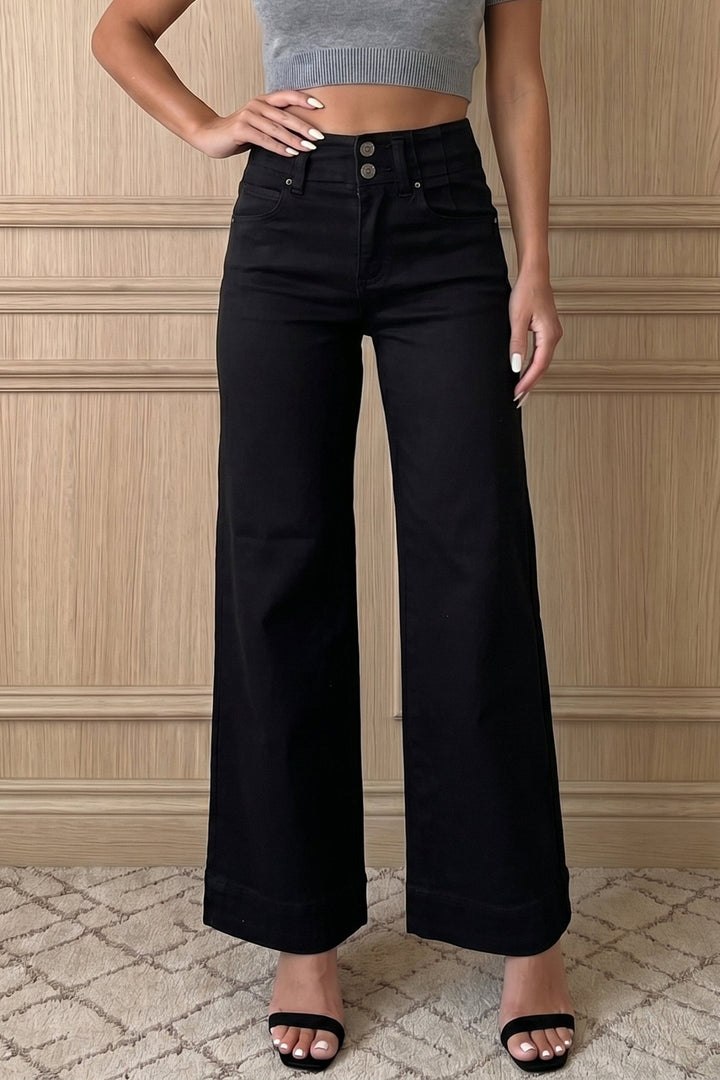 2 - Button High Waist Flared Bottom Jeans - Bonbon