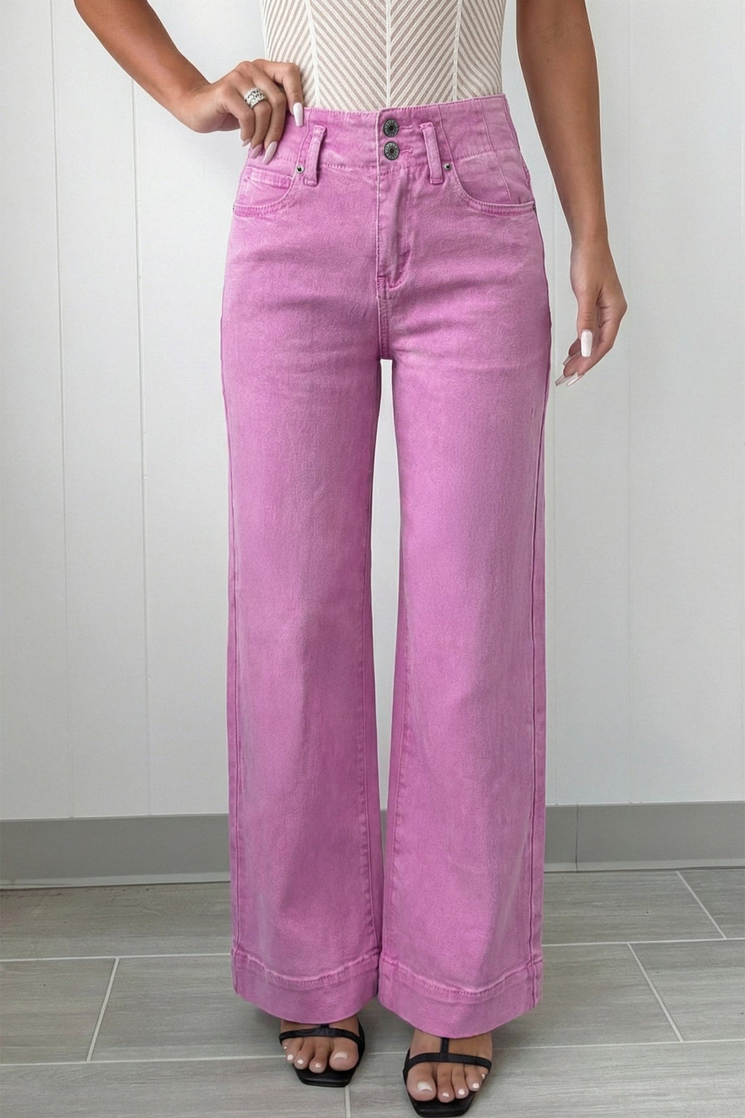 2 - Button High Waist Flared Bottom Jeans - Trendy Bottoms/Jeans in Bonbon for Women | The802Gypsy