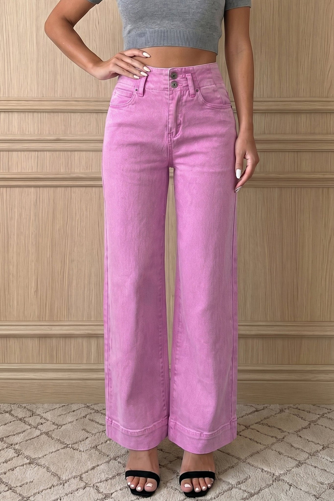 2 - Button High Waist Flared Bottom Jeans - Bonbon