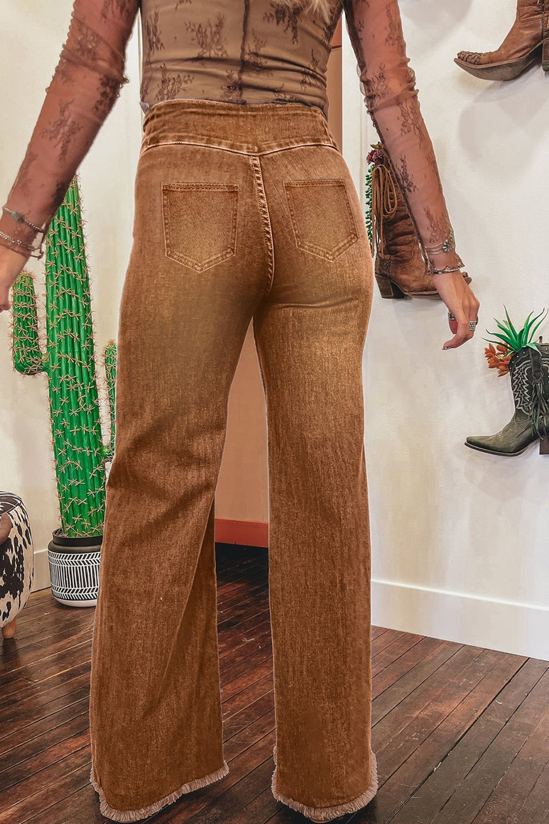 High Waist Button Fly Seamed Raw Hem Flare Jeans - Trendy Bottoms/Jeans in Coffee for Women | The802Gypsy