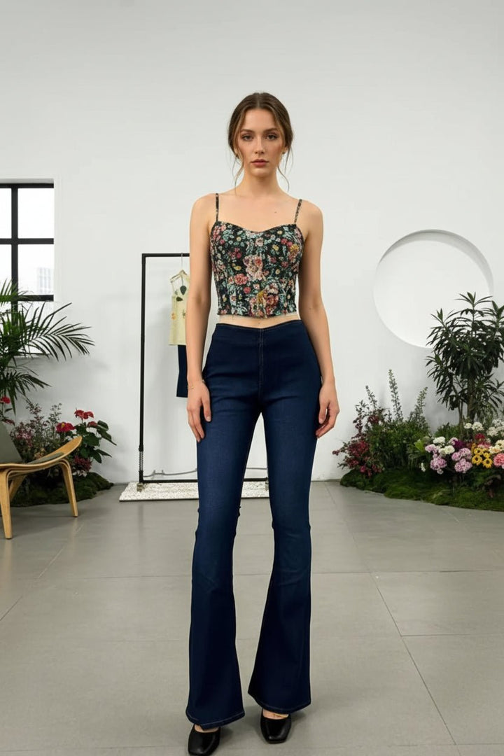 Flat Front High - Waisted Slightly Stretchy Flare Jeans - Trendy Bottoms/Jeans in Dark Blue for Women | The802Gypsy