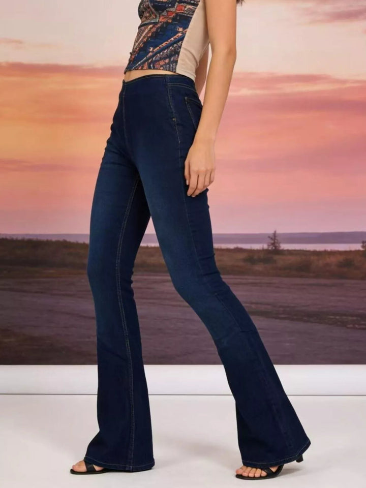 Flat Front High - Waisted Slightly Stretchy Flare Jeans - Trendy Bottoms/Jeans in Dark Blue for Women | The802Gypsy
