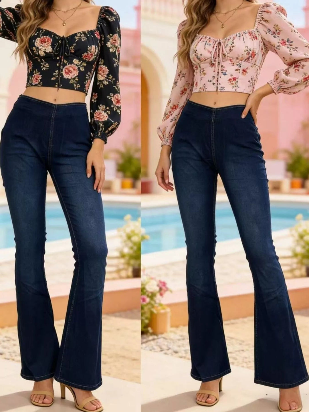 Flat Front High - Waisted Slightly Stretchy Flare Jeans - Trendy Bottoms/Jeans in Dark Blue for Women | The802Gypsy