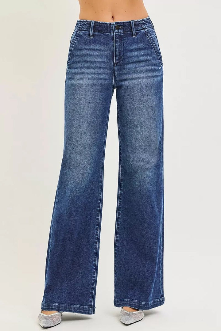 RISEN High Rise Wide Leg Slanted Pocket Jeans - Trendy Bottoms/Jeans in Dark Denim for Women | The802Gypsy