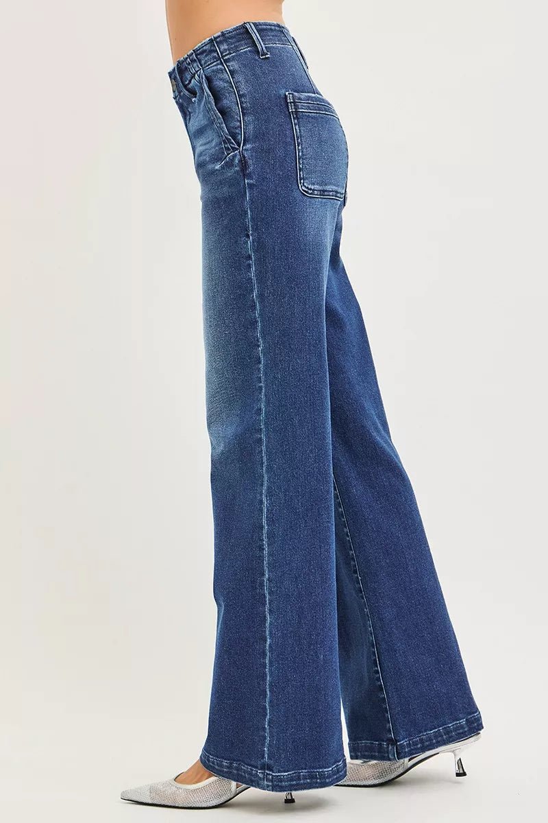 RISEN High Rise Wide Leg Slanted Pocket Jeans - Trendy Bottoms/Jeans in Dark Denim for Women | The802Gypsy