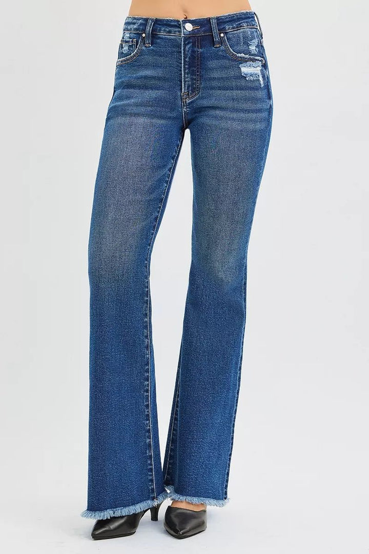 RISEN High Rise Retro Flare Jeans - Trendy Bottoms/Jeans in Dark Denim for Women | The802Gypsy