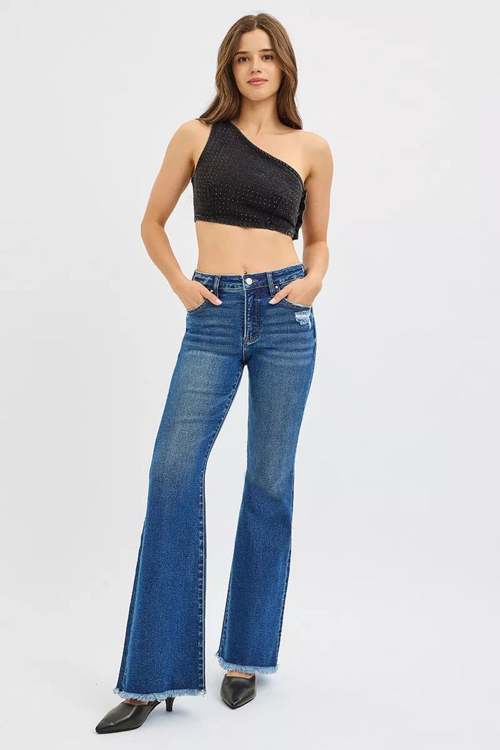 RISEN High Rise Retro Flare Jeans - Trendy Bottoms/Jeans in Dark Denim for Women | The802Gypsy