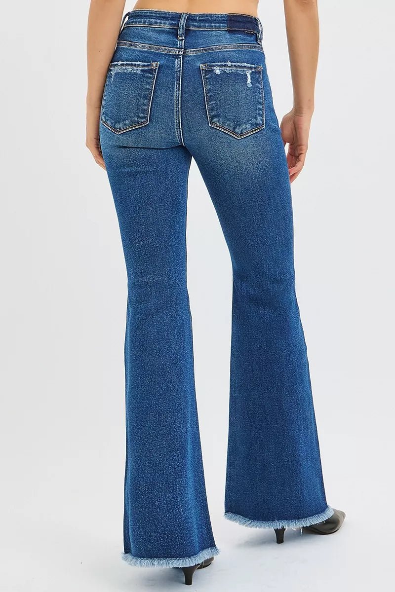 RISEN High Rise Retro Flare Jeans - Trendy Bottoms/Jeans in Dark Denim for Women | The802Gypsy