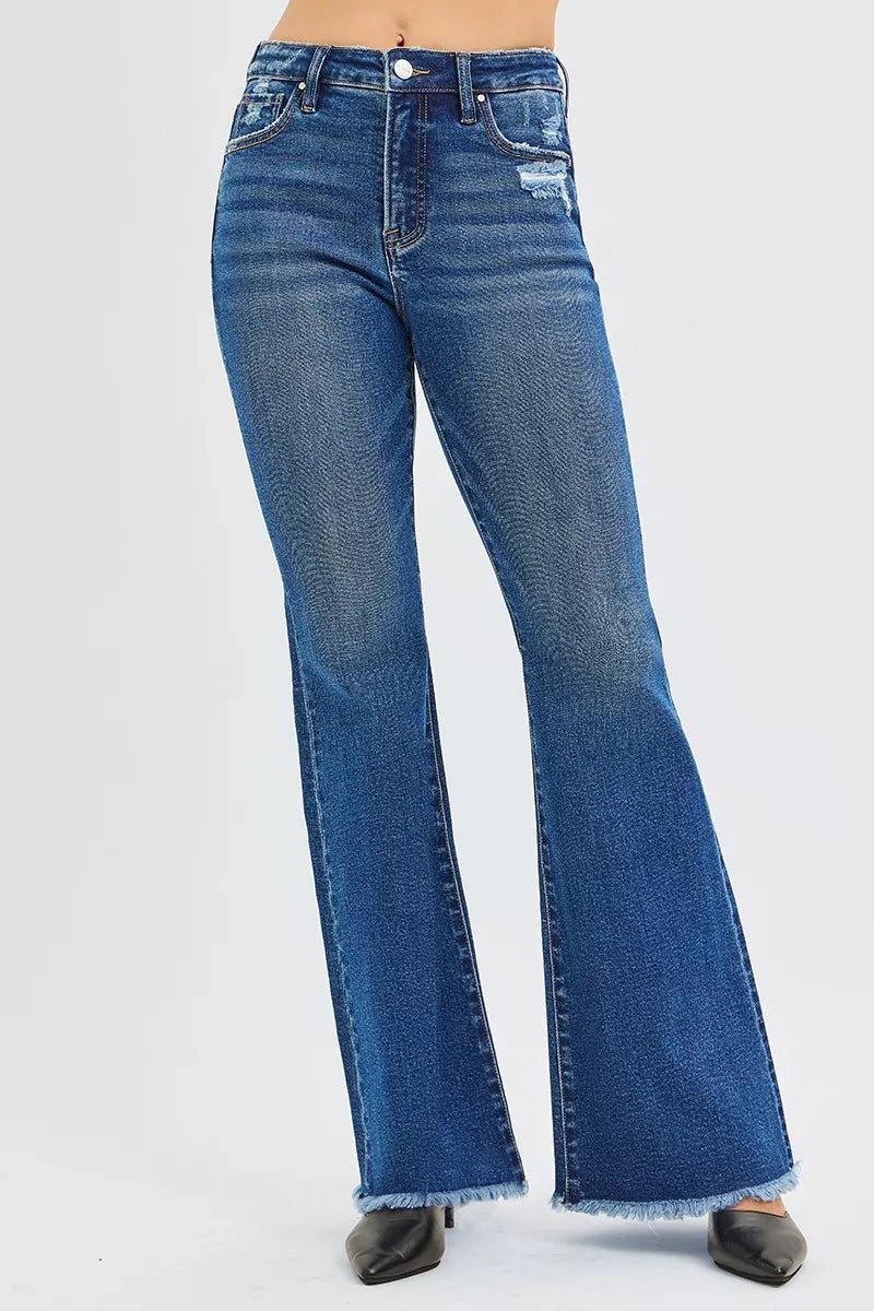 RISEN High Rise Retro Flare Jeans - Trendy Bottoms/Jeans in Dark Denim for Women | The802Gypsy