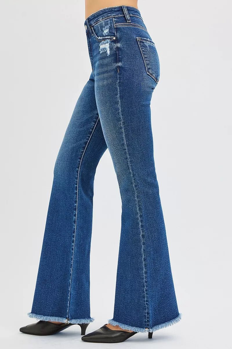 RISEN High Rise Retro Flare Jeans - Trendy Bottoms/Jeans in Dark Denim for Women | The802Gypsy