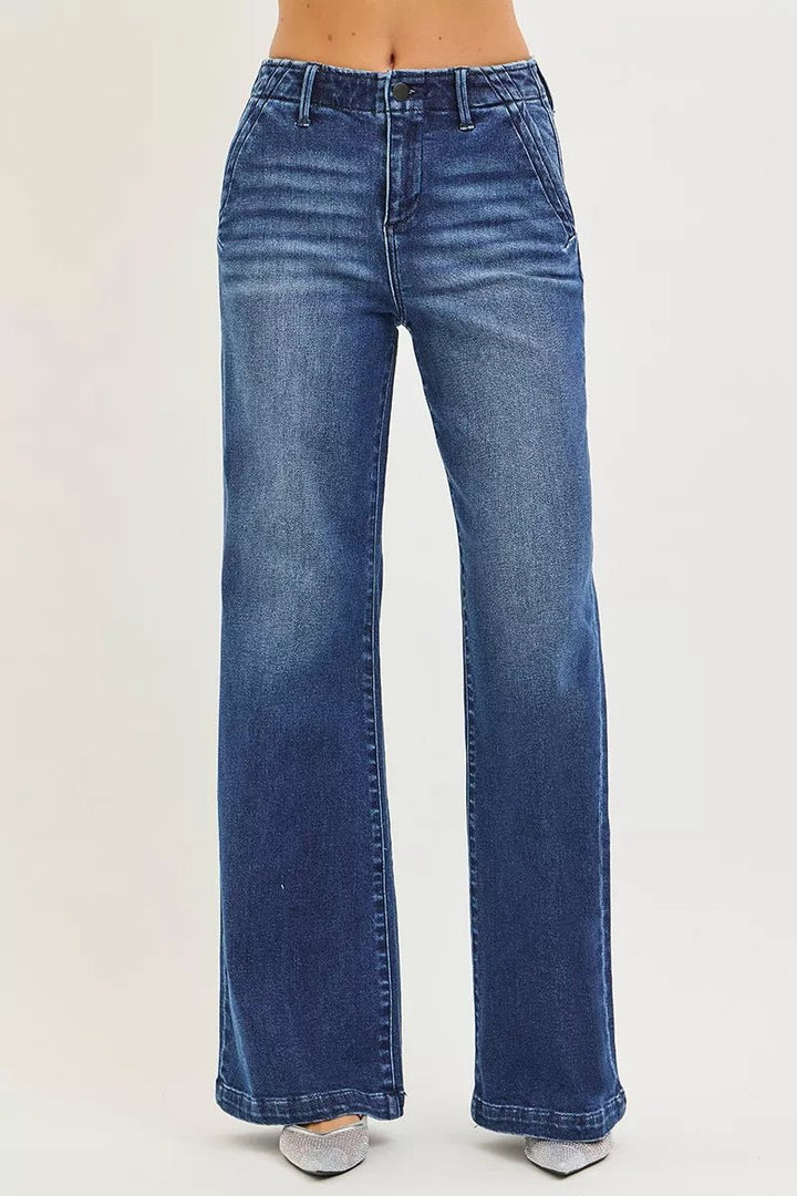 RISEN High Rise Wide Leg Slanted Pocket Jeans - Trendy Bottoms/Jeans in Dark Denim for Women | The802Gypsy