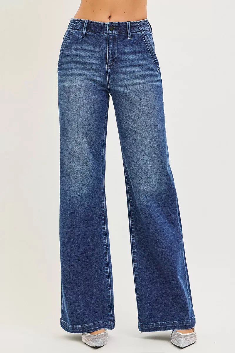 RISEN High Rise Wide Leg Slanted Pocket Jeans - Trendy Bottoms/Jeans in Dark Denim for Women | The802Gypsy
