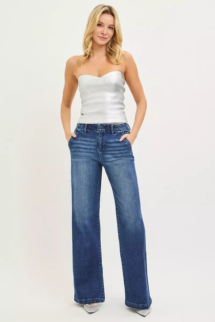 RISEN High Rise Wide Leg Slanted Pocket Jeans - Trendy Bottoms/Jeans in Dark Denim for Women | The802Gypsy