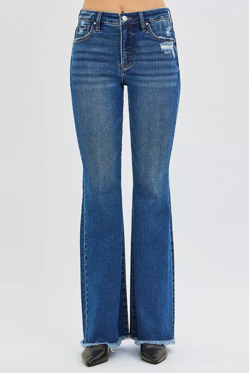 RISEN High Rise Retro Flare Jeans - Trendy Bottoms/Jeans in Dark Denim for Women | The802Gypsy