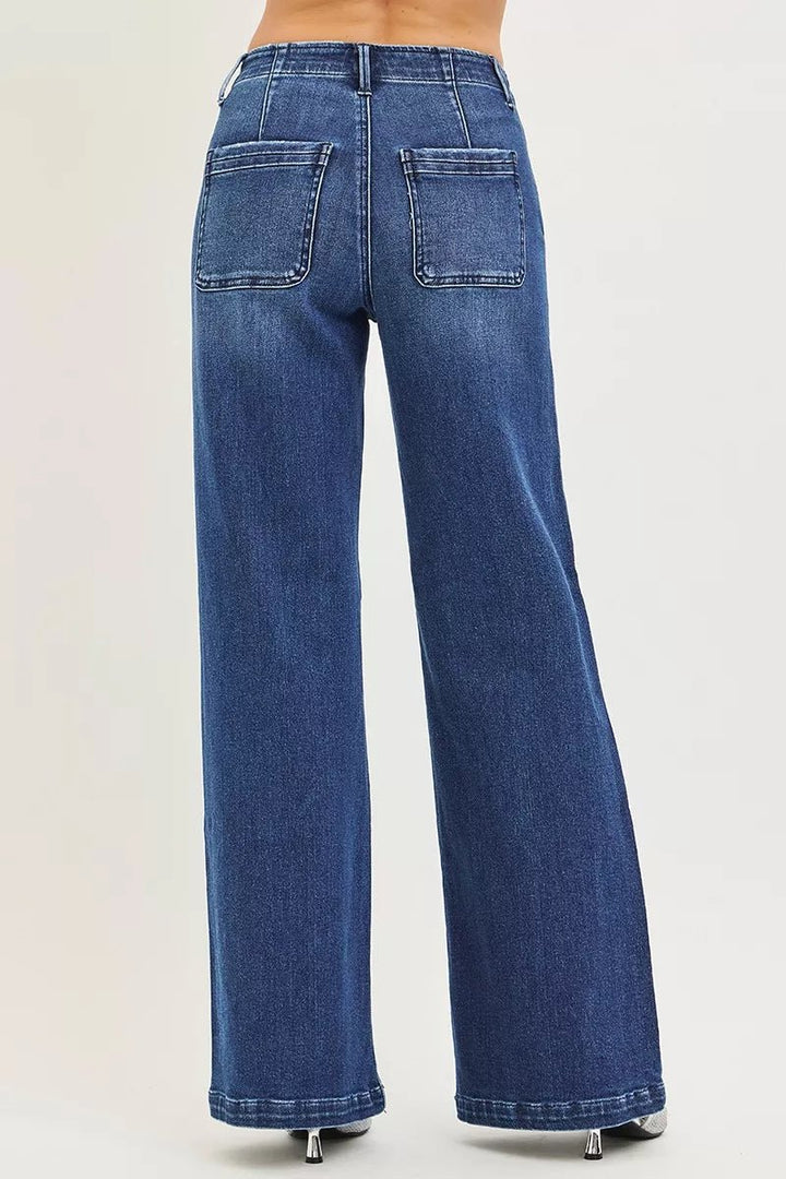 RISEN High Rise Wide Leg Slanted Pocket Jeans - Trendy Bottoms/Jeans in Dark Denim for Women | The802Gypsy