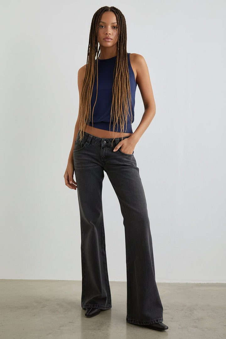 Grey Low - Rise Buttoned Flare Leg Jeans - Trendy Bottoms/Jeans in Dark Gray for Women | The802Gypsy