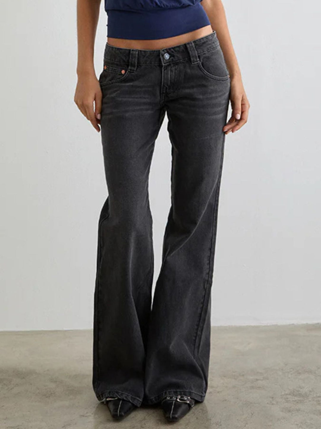 Grey Low - Rise Buttoned Flare Leg Jeans - Trendy Bottoms/Jeans in Dark Gray for Women | The802Gypsy