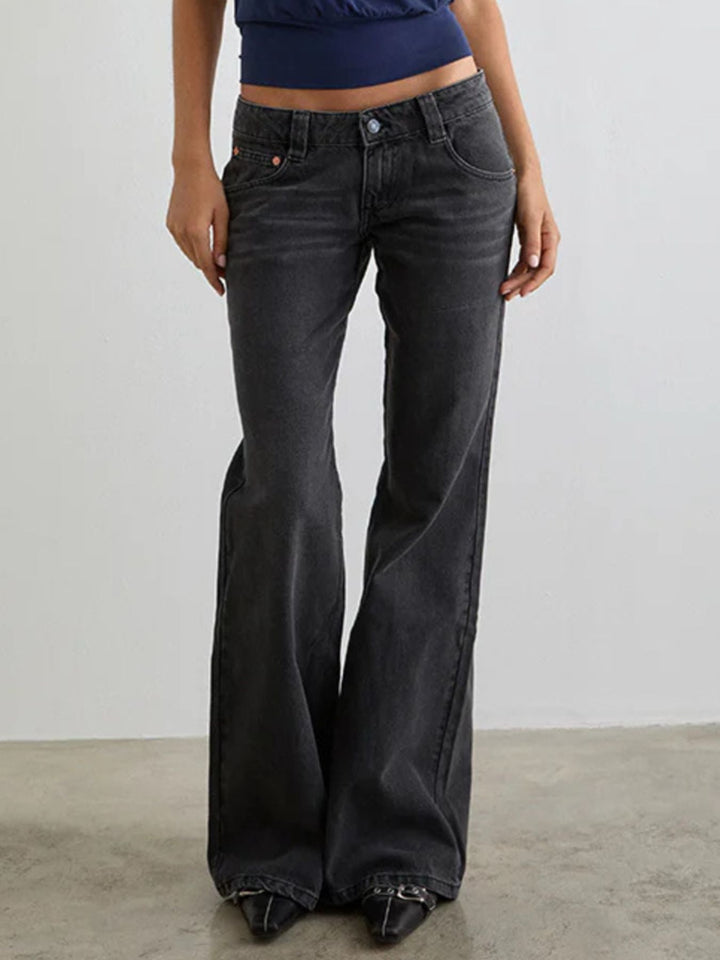 Grey Low - Rise Buttoned Flare Leg Jeans - Trendy Bottoms/Jeans in Dark Gray for Women | The802Gypsy