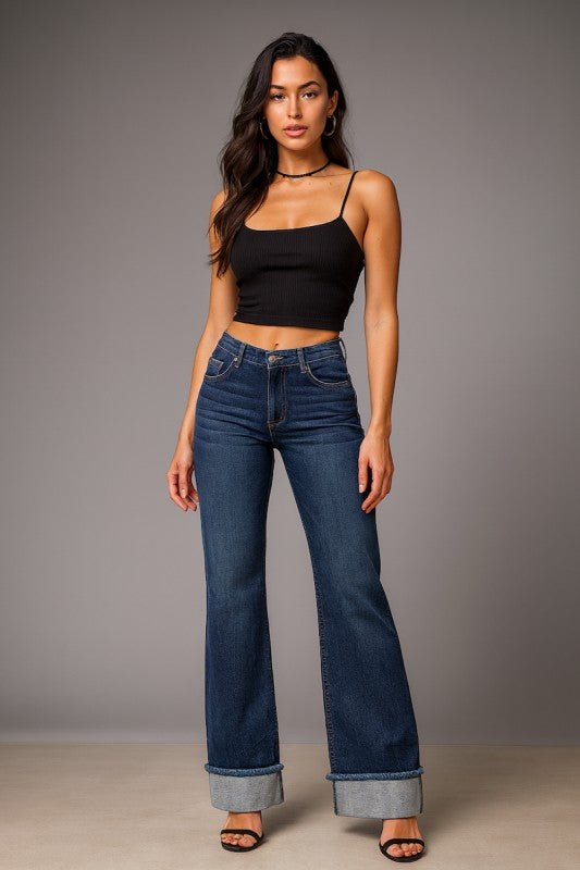 Y2K Low Rise Wide - Leg Cuffed Jean - Trendy Bottoms/Jeans in Dark Wash Denim for Women | The802Gypsy