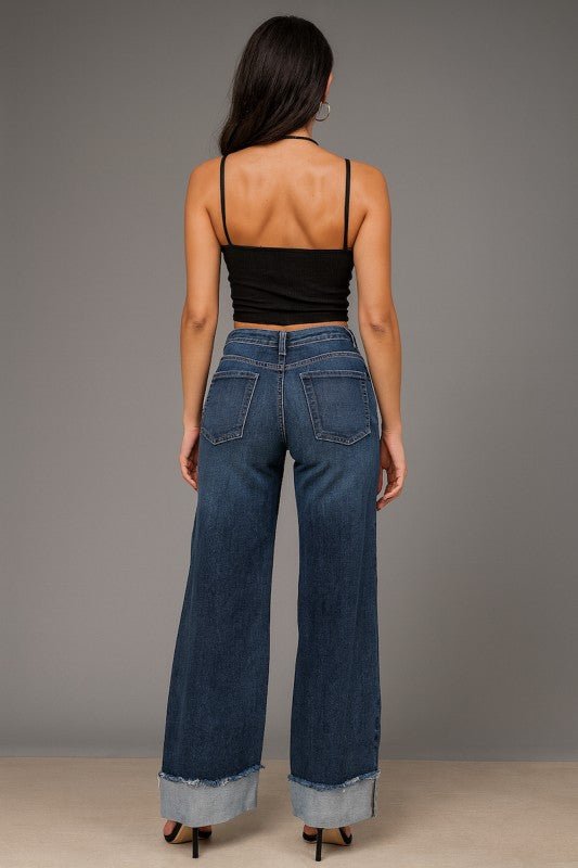 Y2K Low Rise Wide - Leg Cuffed Jean - Trendy Bottoms/Jeans in Dark Wash Denim for Women | The802Gypsy