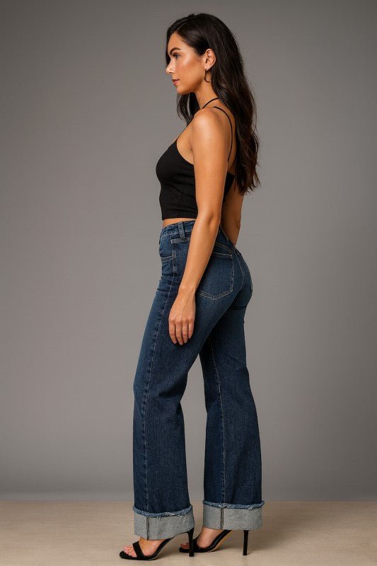 Y2K Low Rise Wide - Leg Cuffed Jean - Trendy Bottoms/Jeans in Dark Wash Denim for Women | The802Gypsy