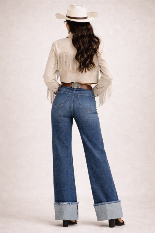Low Rise Cuffed Wide Leg Jean - Trendy Bottoms/Jeans in dark wash for Women | The802Gypsy