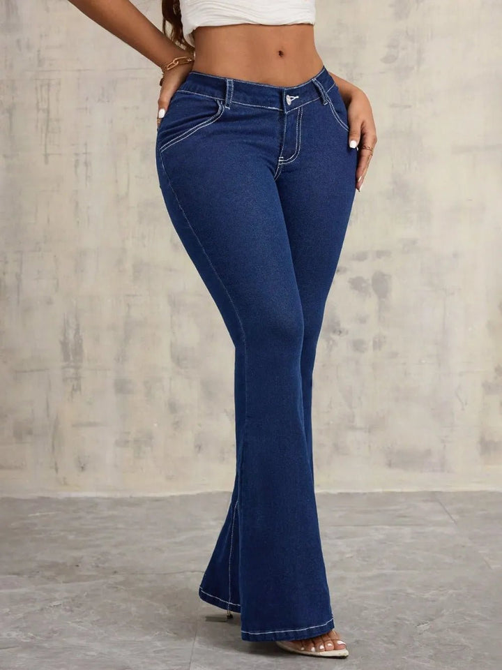 Dark Wash Flare Jeans with Pockets - Trendy Bottoms/Jeans in Dark Wash for Women | The802Gypsy