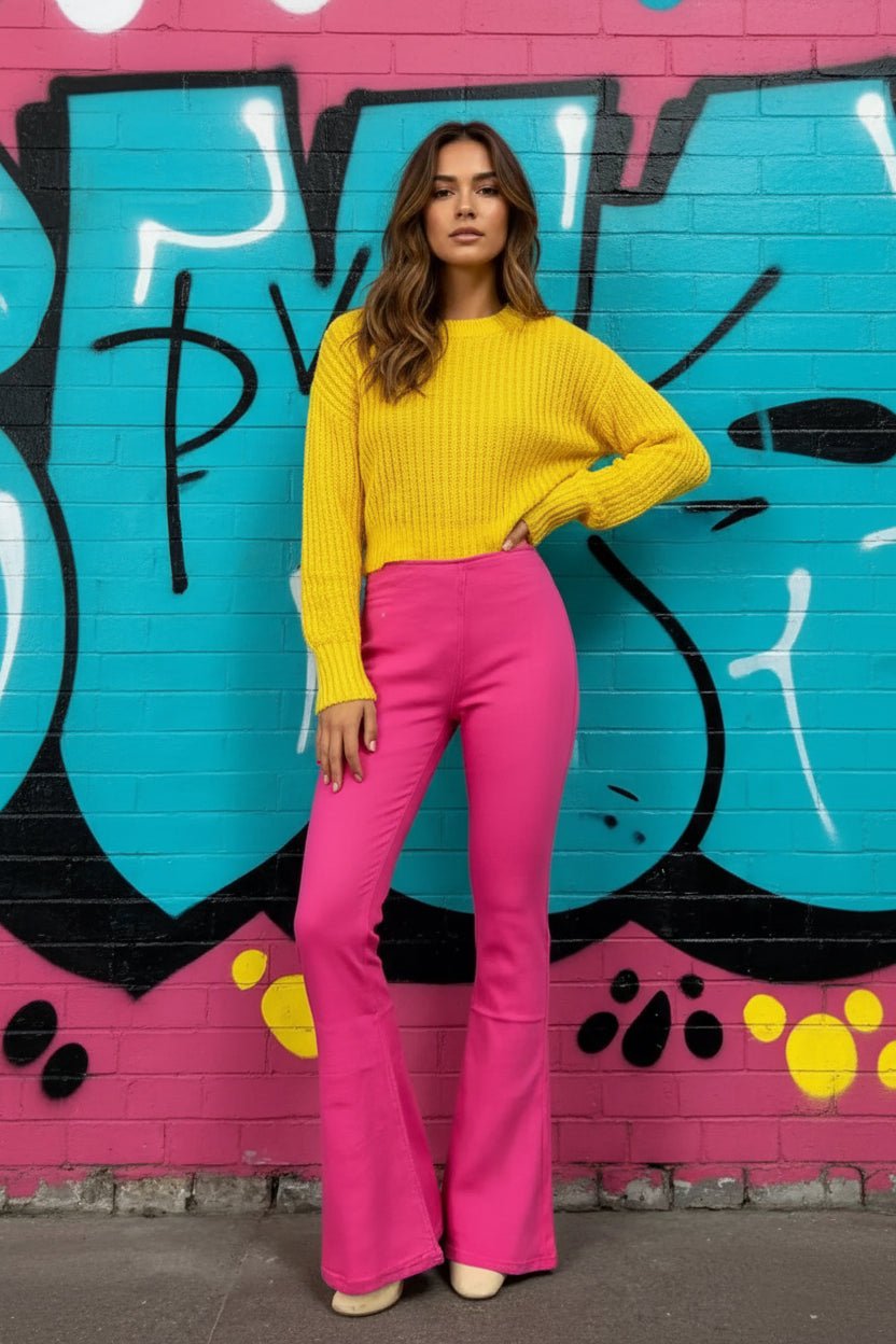 Flat Front High - Waisted Slightly Stretchy Flare Jeans - Trendy Bottoms/Jeans in Fuchsia Pink for Women | The802Gypsy